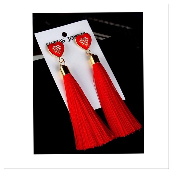 Boutique Jewelry - Red Enamel and Crystal Heart Earrings